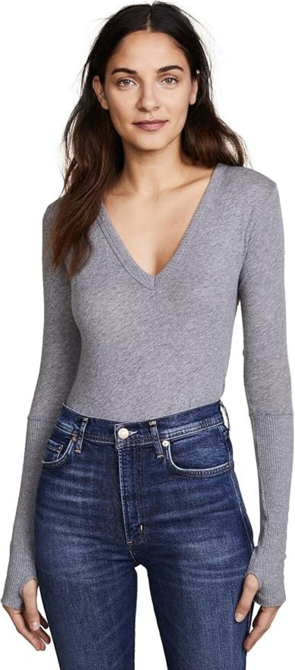 NWOT Enza Costa Women’s Cashmere Blend Cuffed V-Neck Top with Thumbholes